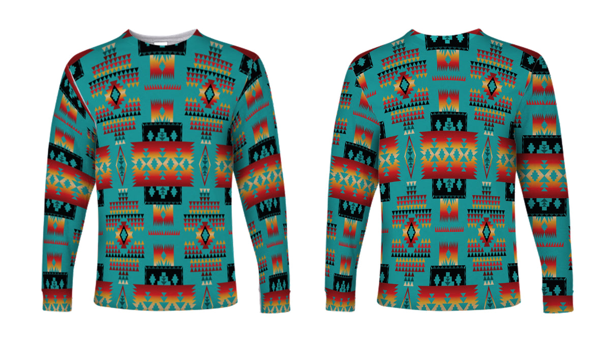 Multicolor Native American-style long-sleeve shirt with geometric pattern