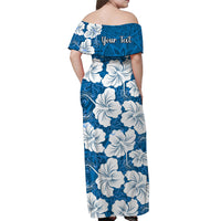 Women’s off-shoulder long dress, blue with white floral print and “Your Text”