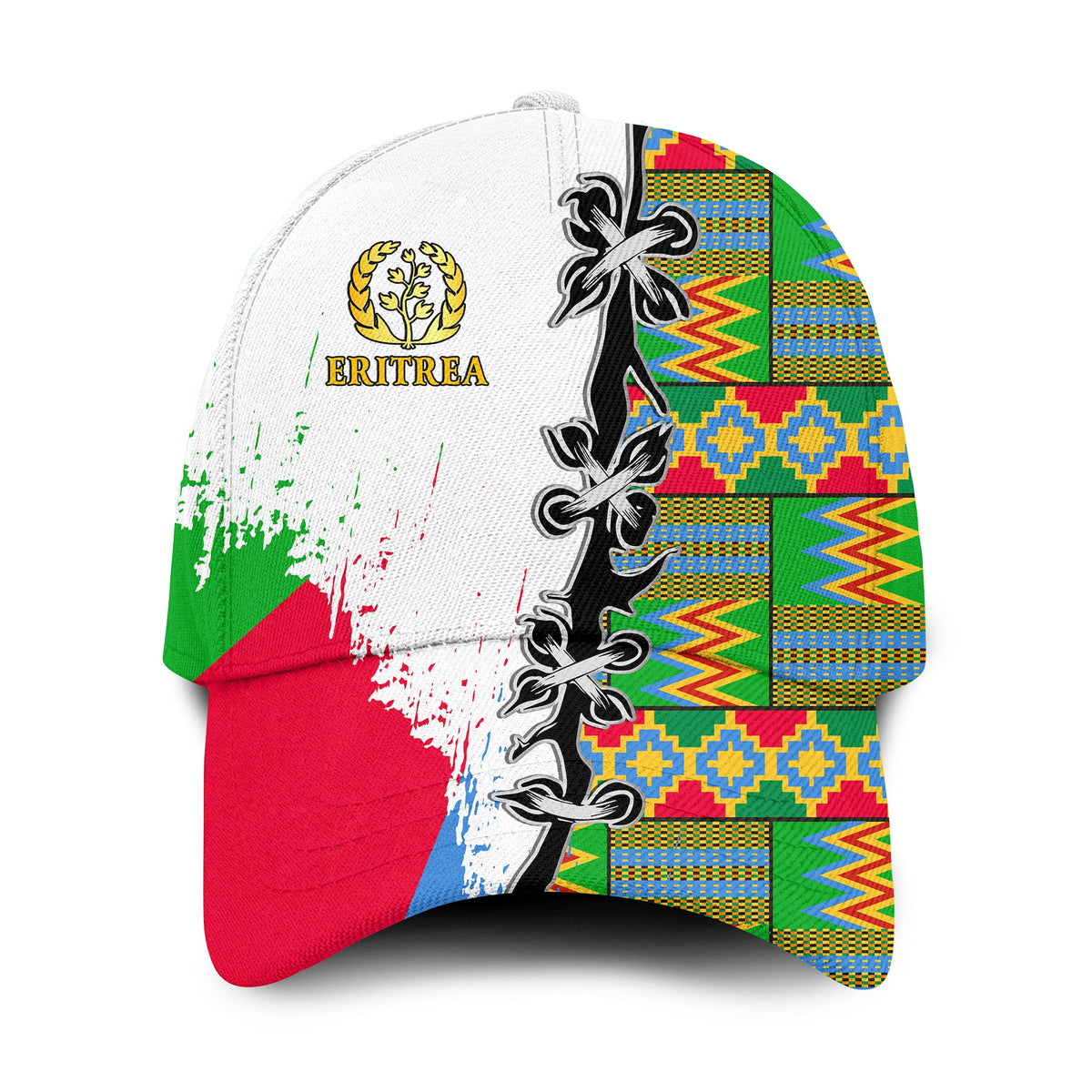 Classic cap with Eritrea emblem and multicolor African pattern, white front panel