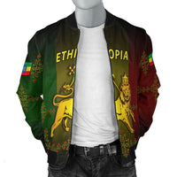 Front view bomber jacket with ETHIOPIA text, lion and crown graphic; multicolor sleeves
