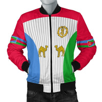 Eritrea bomber jacket close-up: zip front, striped center, red/blue/green panels, camel icons