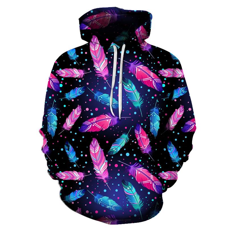 Pullover hoodie with multicolor feather print, dark background, front pouch and drawstring