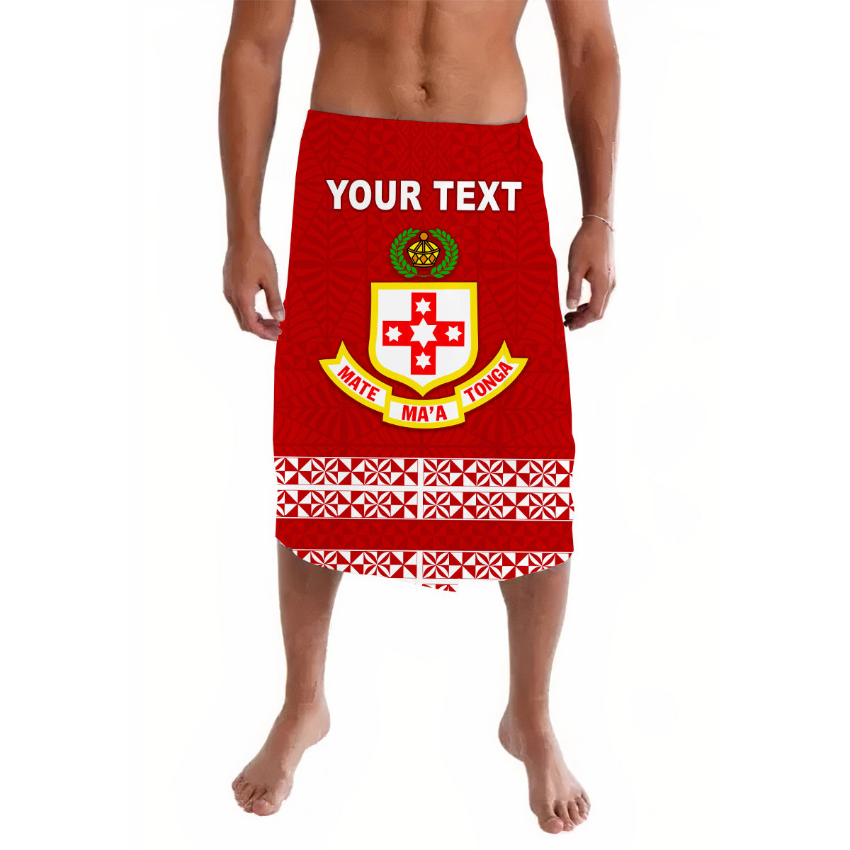 Red lavalava sarong with crest and patterned stripe hem, with 'YOUR TEXT'