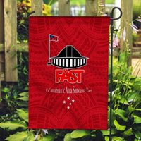 Red Polynesian-style garden flag with 'FAST' logo, canoe icon, and star pattern