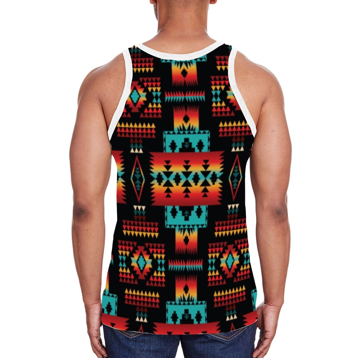 Back of men's tank with multicolor tribal all-over print and white neck trim