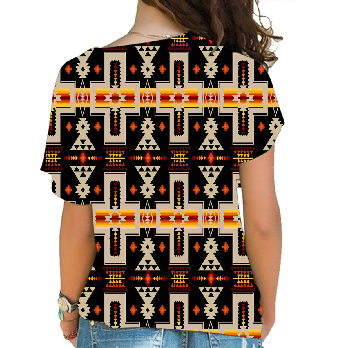 Black cross-shoulder T-shirt with multicolor Native American geometric pattern, back
