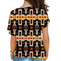 Black cross-shoulder T-shirt with multicolor Native American geometric pattern, back