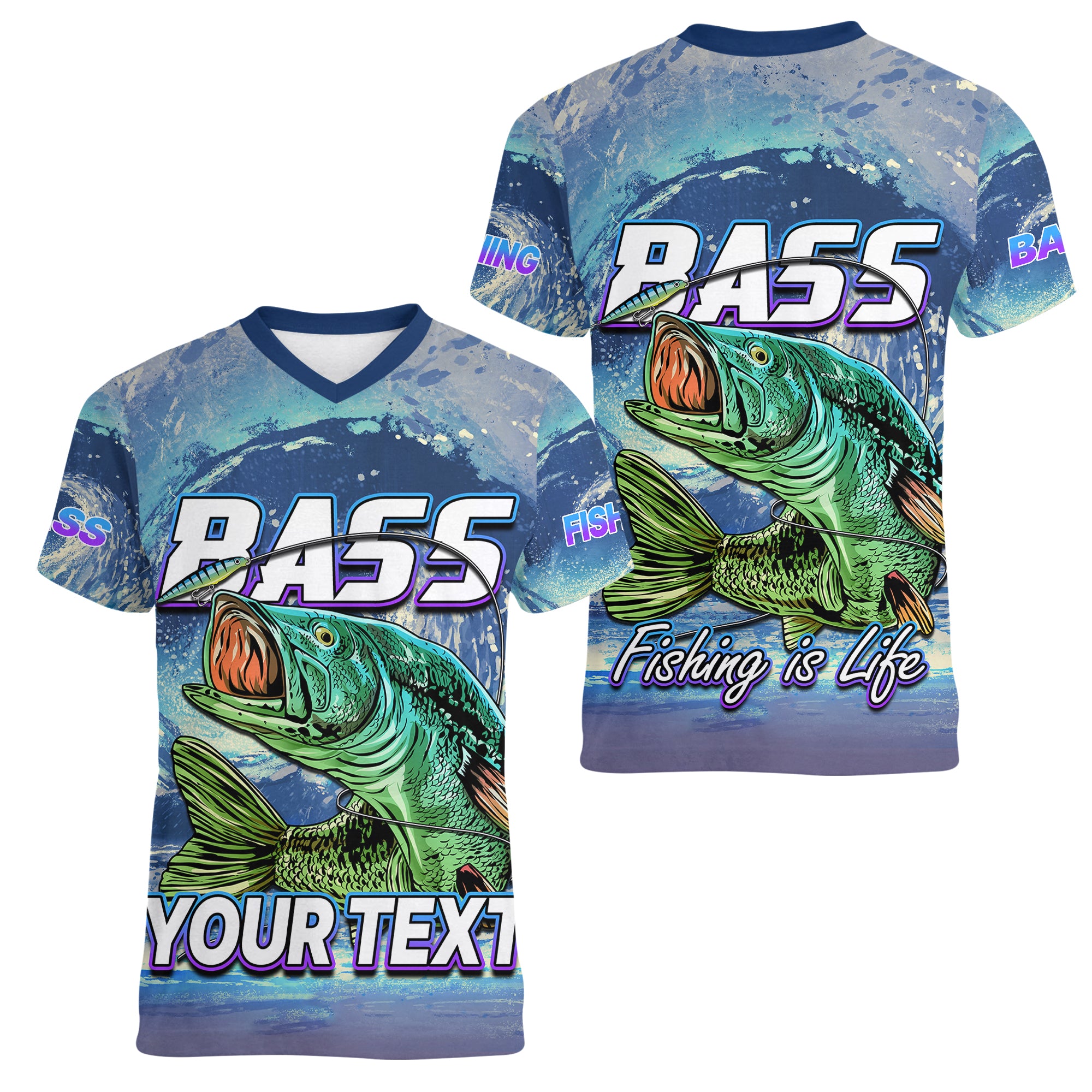 custom-personalised-bass-fishing-is-life-hook-sport-largemouth-blue-women-v-neck-t-shirt