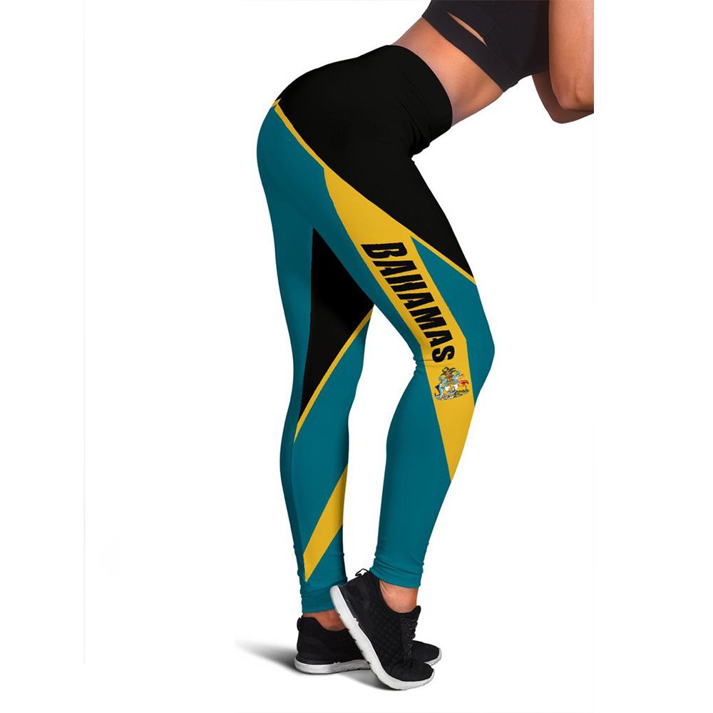 The Bahamas active leggings in teal with black panels and yellow “BAHAMAS” stripe