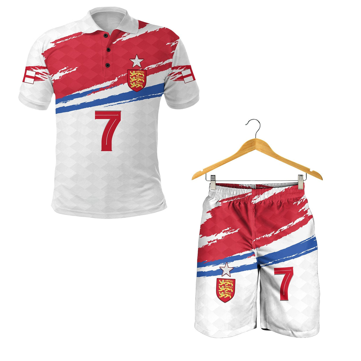 England polo shirt set: red/white/blue print, number 7 and lion crest, front view