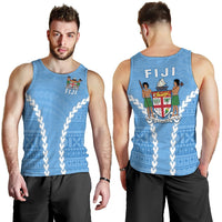Blue Fiji tank top shown front and back, crew neck with Polynesian-patterned chevrons