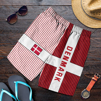 Red-and-white striped men’s shorts with Denmark flag patch and “DENMARK” vertical text