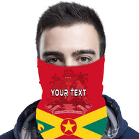 Personalized neck gaiter on face, red with Grenada flag star and “YOUR TEXT”