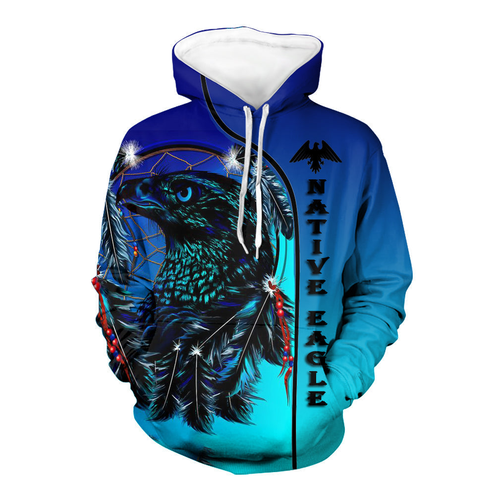 Blue 3D eagle dreamcatcher pullover hoodie, multicolor graphic