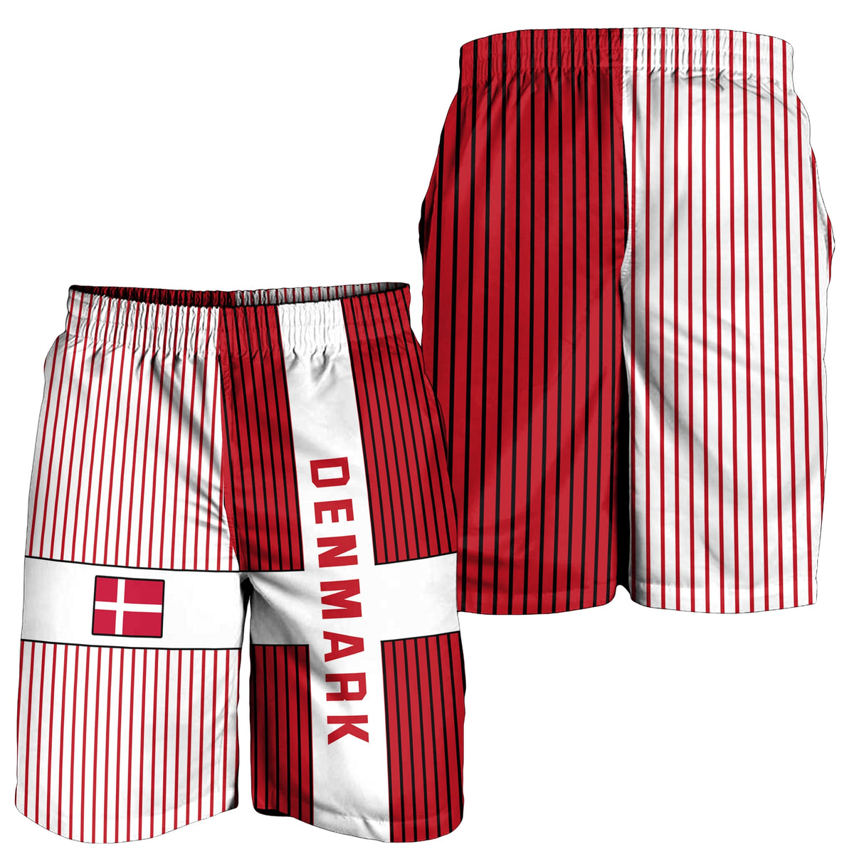 Men’s Denmark football shorts in red-and-white stripes with large vertical side logo panel