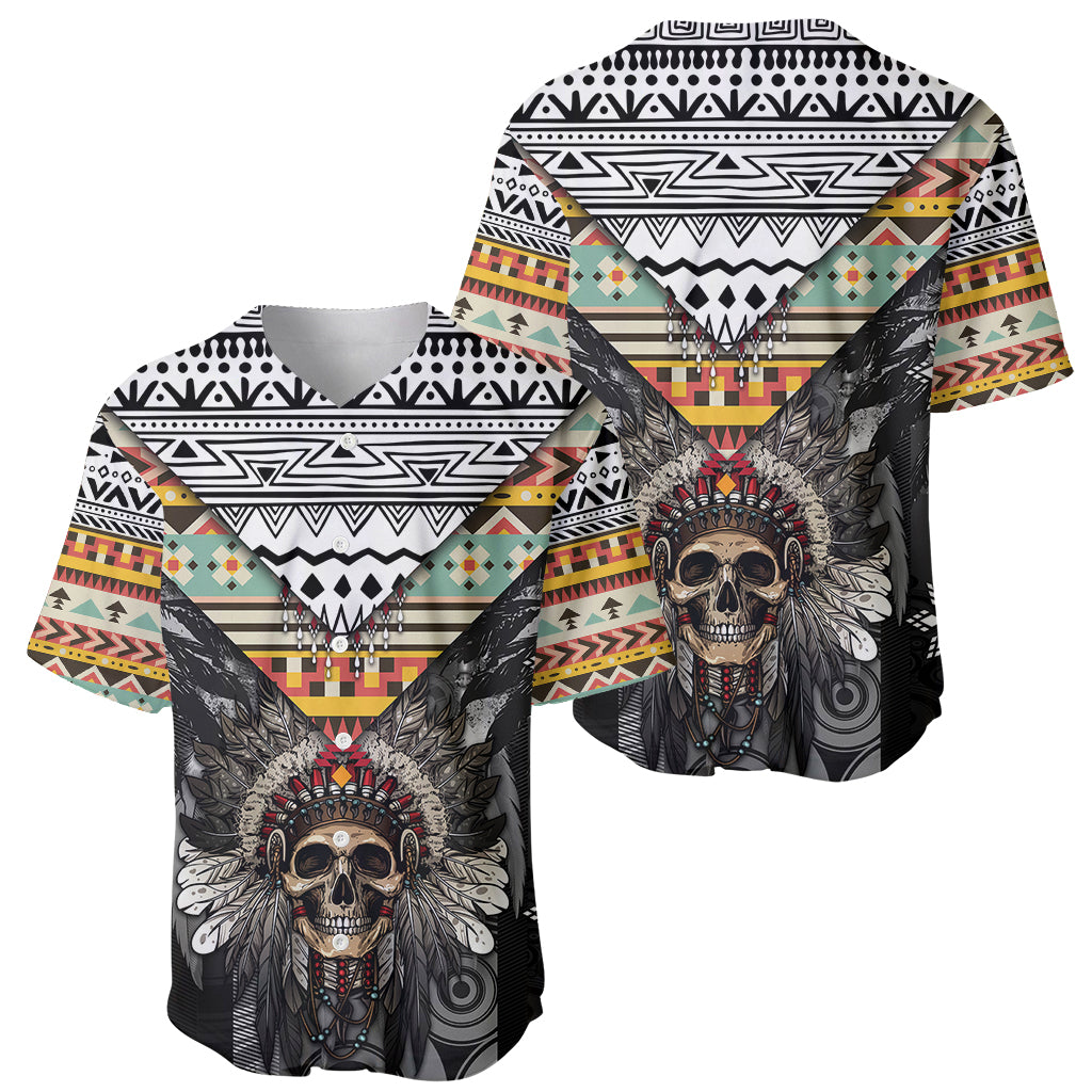 Native American Headdress With Human Skull African Pattern With Geometric Motifs Baseball Jersey - Wonder Print Shop