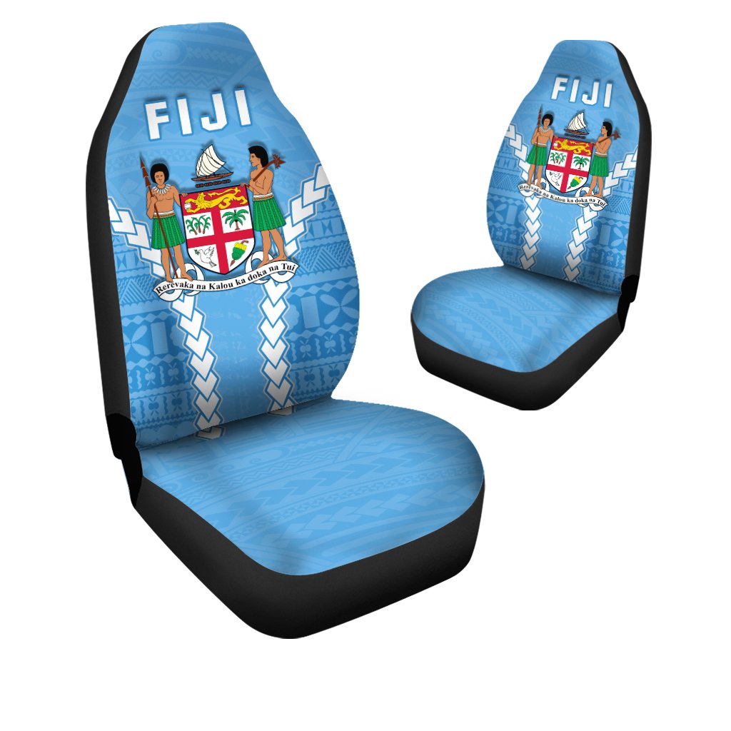 Pair of blue Fiji seat covers with black edging, 'FIJI' headrests, Polynesian crest design
