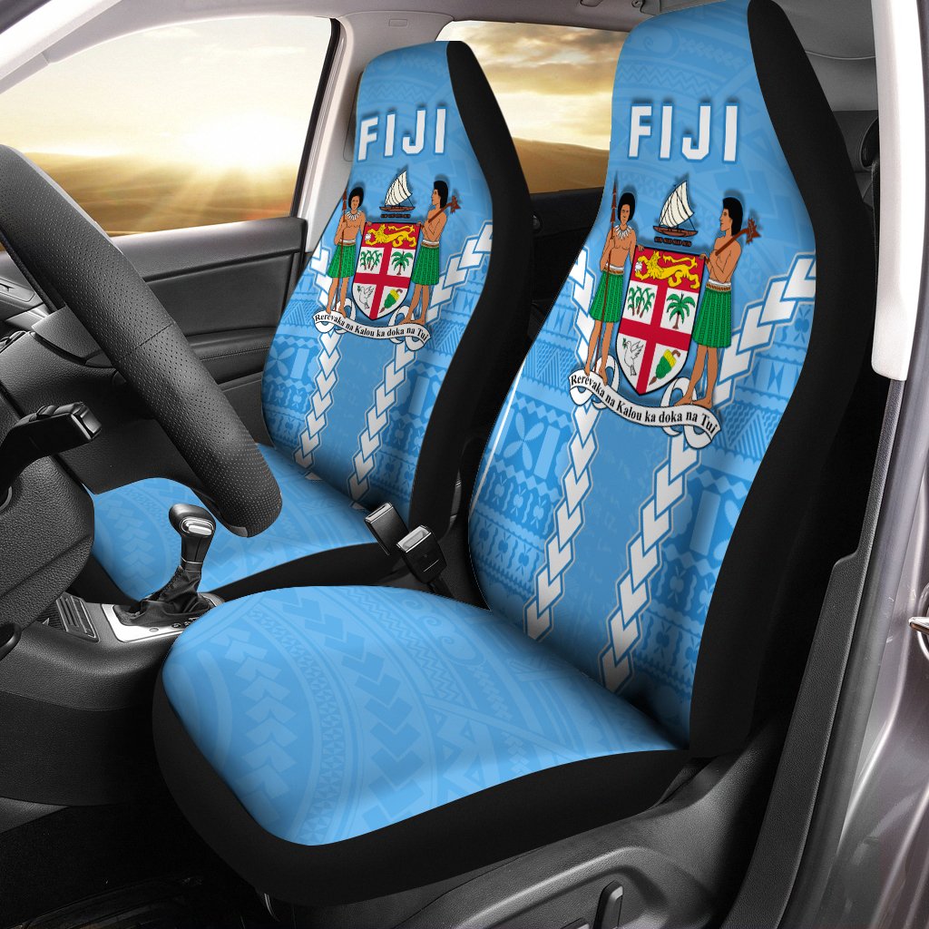 Blue Fiji seat covers with Polynesian artwork, geometric patterns, and 'FIJI' on headrests