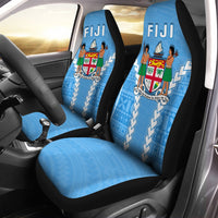 Blue Fiji seat covers with Polynesian artwork, geometric patterns, and 'FIJI' on headrests