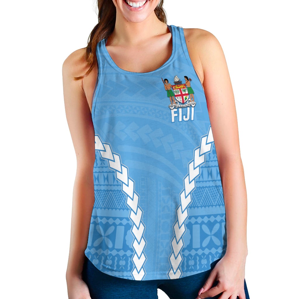 Blue racerback tank top with Fiji crest and Polynesian pattern, sleeveless sporty fit