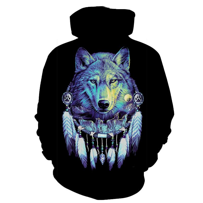 All-over wolf dreamcatcher hoodie, black pullover with colorful wolf face and feathers
