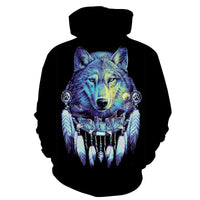 All-over wolf dreamcatcher hoodie, black pullover with colorful wolf face and feathers