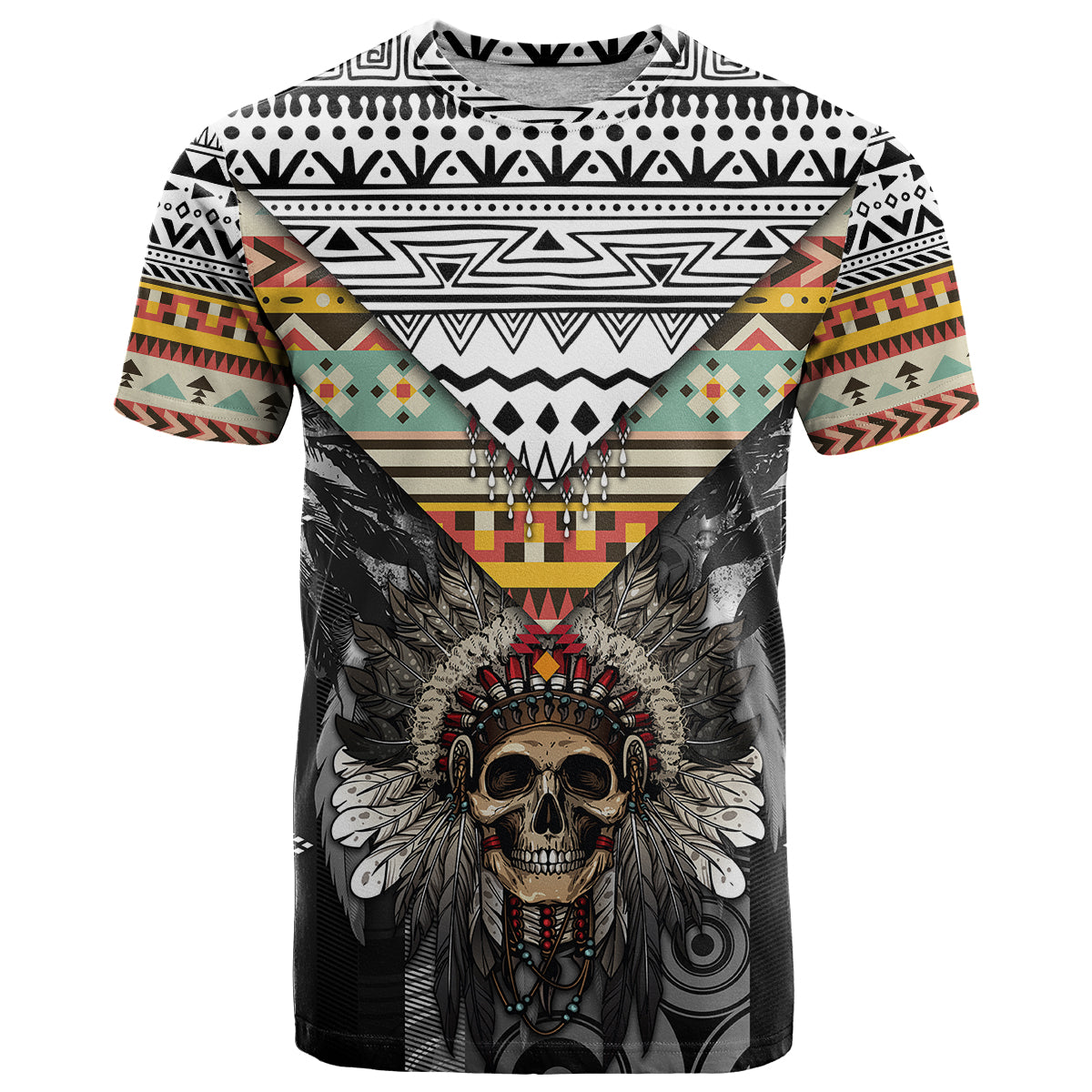 native-american-headdress-with-human-skull-african-pattern-with-geometric-motifs-t-shirt