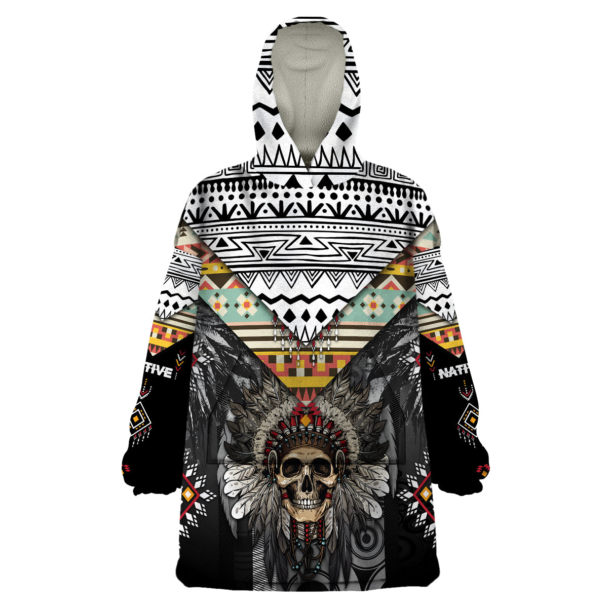 native-american-headdress-with-human-skull-african-pattern-with-geometric-motifs-wearable-blanket-hoodie