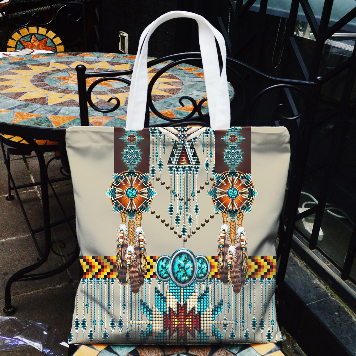 Turquoise beaded Native-style canvas tote with oval medallion, tassels, and zip top