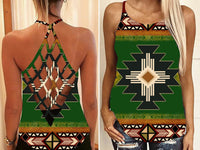Criss-cross halter tank, Southwest native symbol print—front view and racerback back view