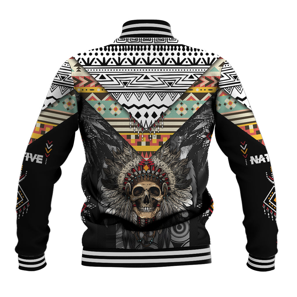 Unisex baseball jacket, back view, black and white tribal geometry with skull headdress print