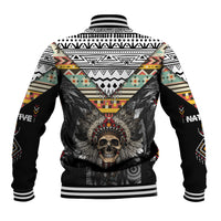Unisex baseball jacket, back view, black and white tribal geometry with skull headdress print