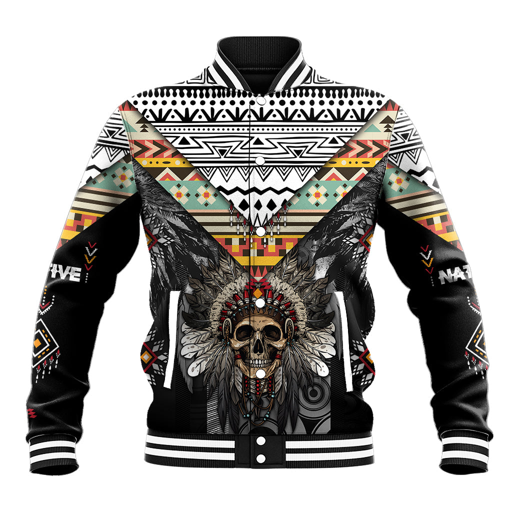 Native American Headdress With Human Skull African Pattern With Geometric Motifs Baseball Jacket - Wonder Print Shop