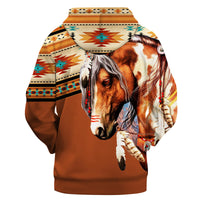 3D horse print pullover hoodie, brown base with multicolor geometric band and front hood