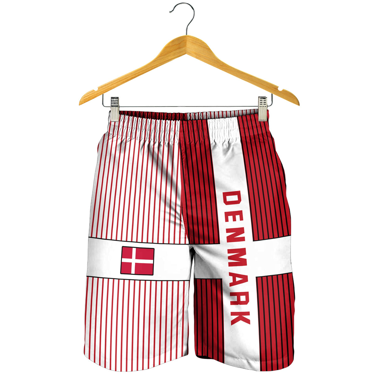 Men’s football shorts with red-and-white vertical stripes and “DENMARK” print, elastic waistband
