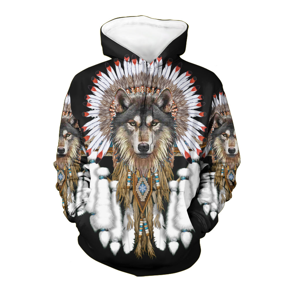 Black 3D wolf headdress graphic pullover hoodie with multicolor feathers