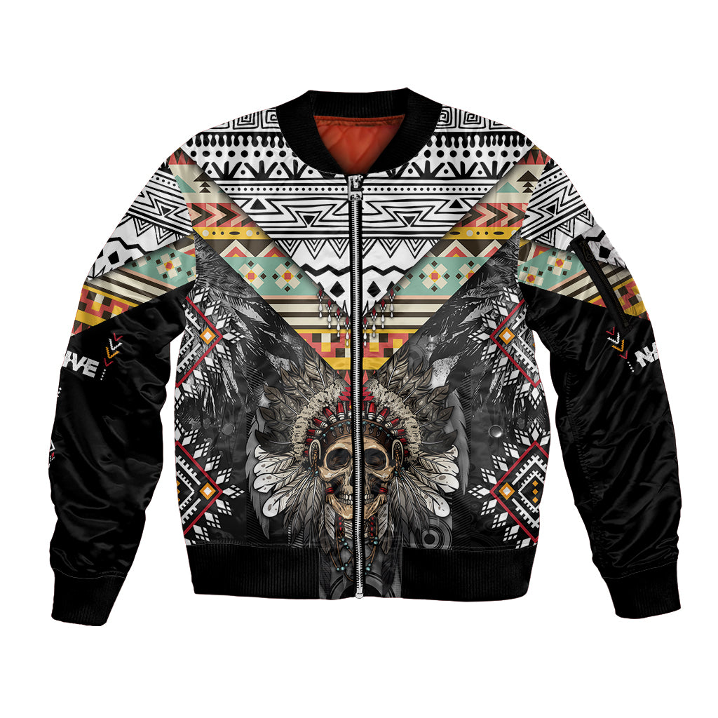 native-american-headdress-with-human-skull-african-pattern-with-geometric-motifs-sleeve-zip-bomber-jacket