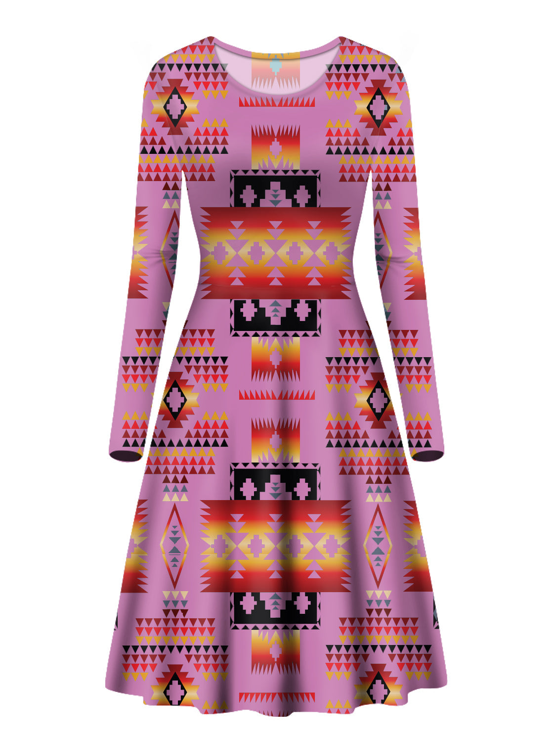 Pink long-sleeve dress with multicolor geometric Native-style pattern, crew neckline