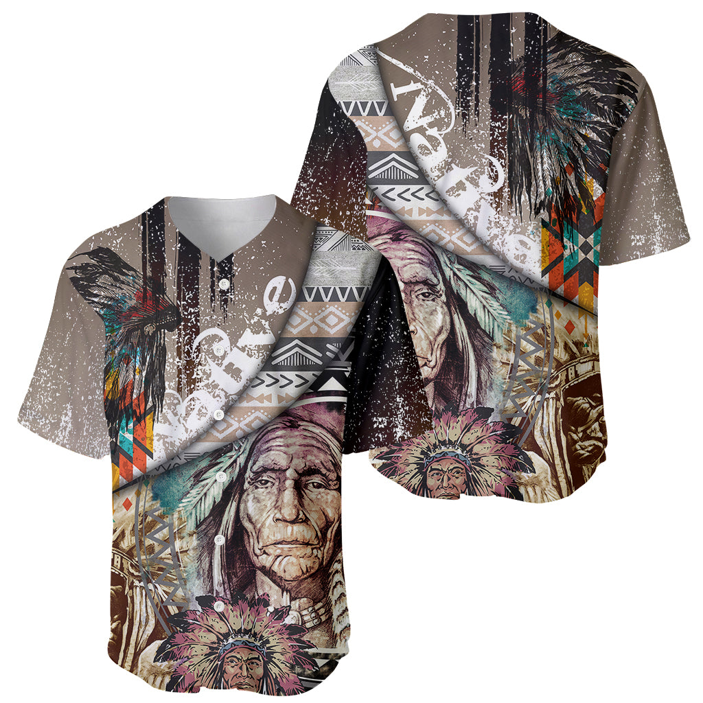 Baseball jersey with Native-style portrait, feathers, and distressed print, short sleeves