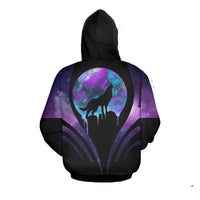 Multicolor 3D wolf moon back hoodie design on black base