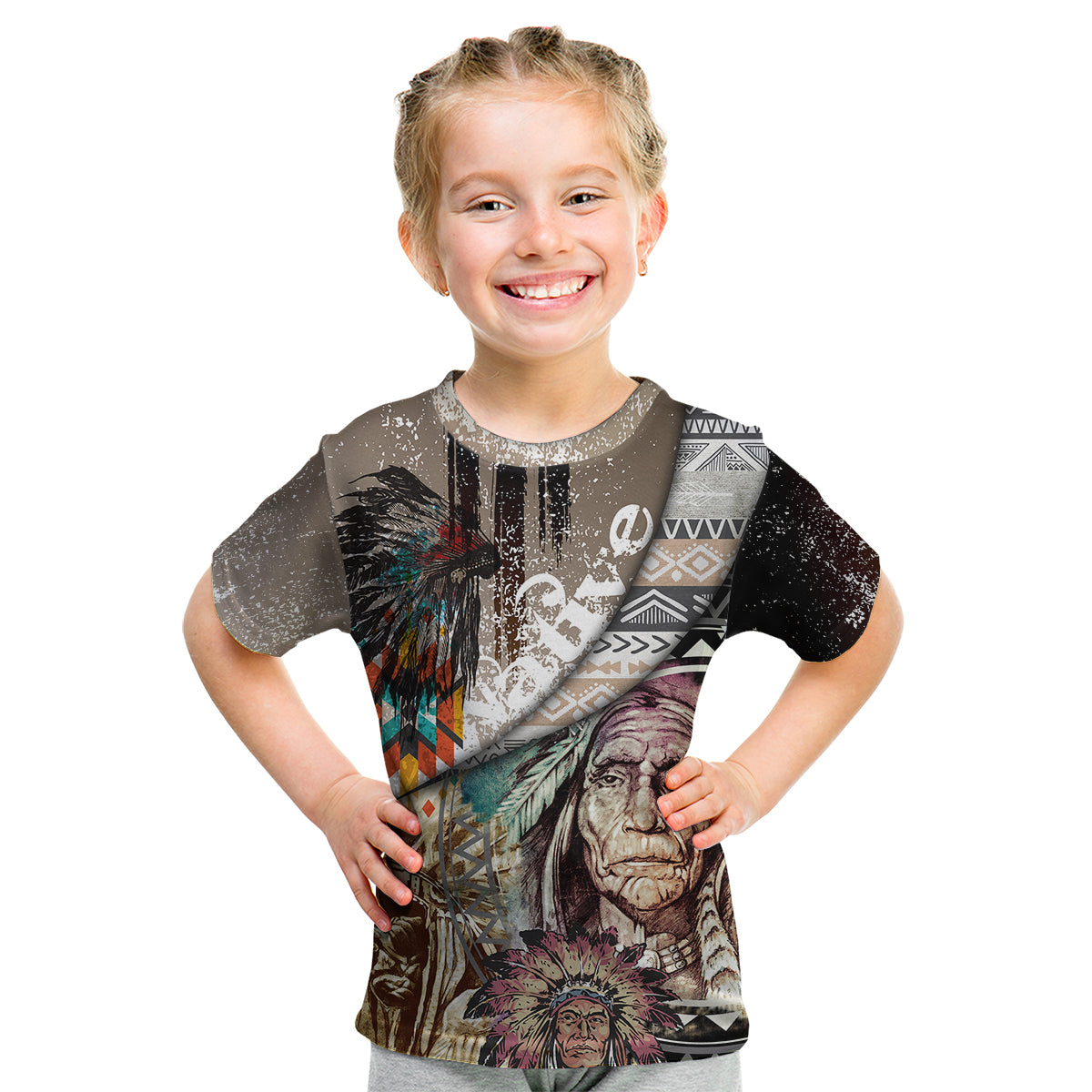 Native American Feather Headdress Portrait Of American Indian Colorful Distress Beton Texture Kid T Shirt - Wonder Print Shop