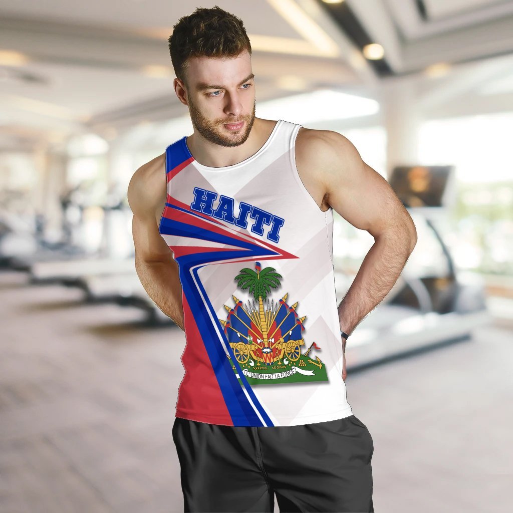 Men's white tank top with Haiti coat of arms graphic on the front