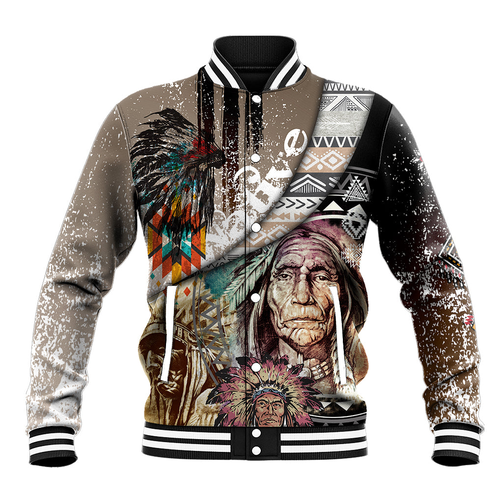 Native American Feather Headdress Portrait Of American Indian Colorful Distress Beton Texture Baseball Jacket - Wonder Print Shop