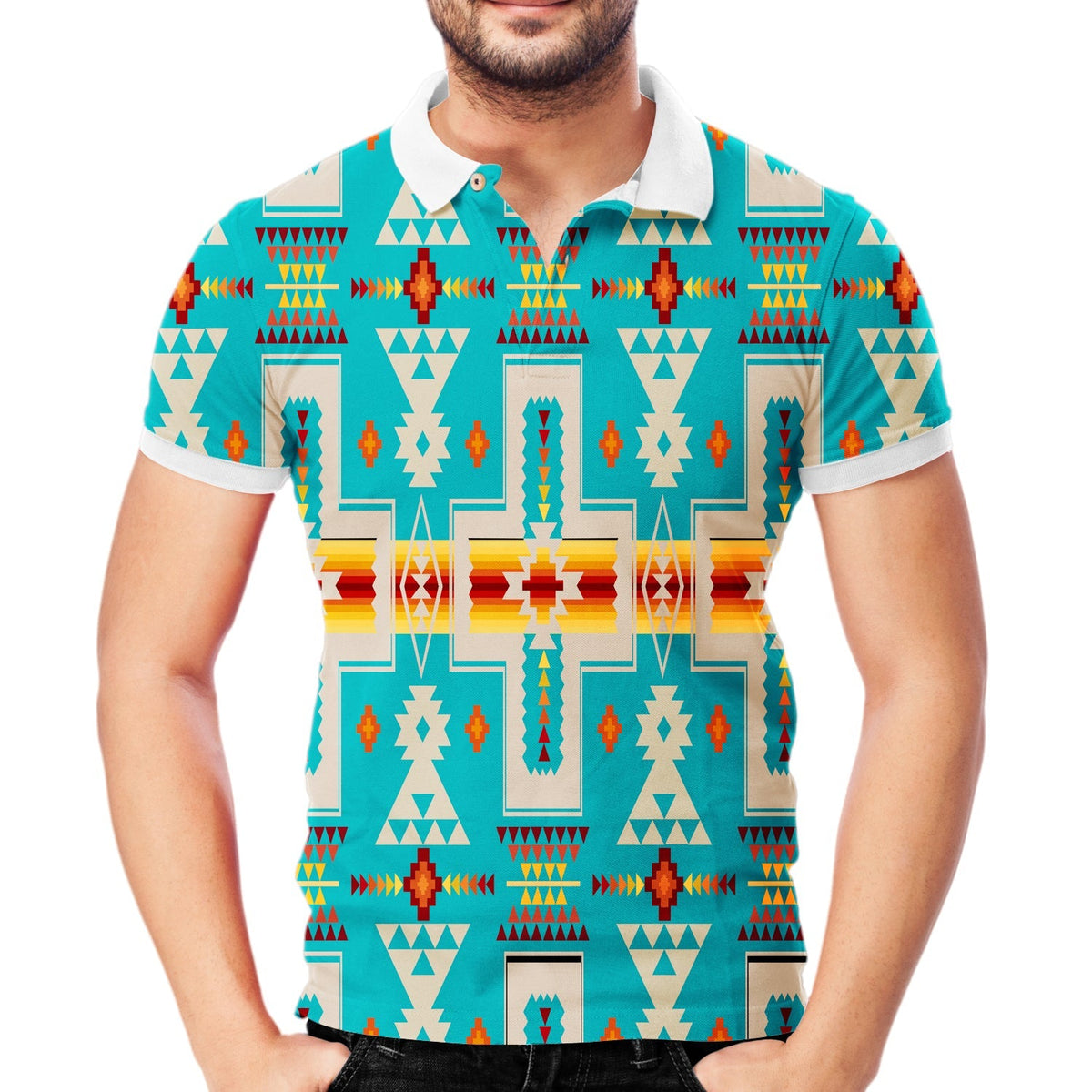 Turquoise polo, Native geometric print, short sleeves, white buttoned collar