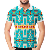 Turquoise polo, Native geometric print, short sleeves, white buttoned collar