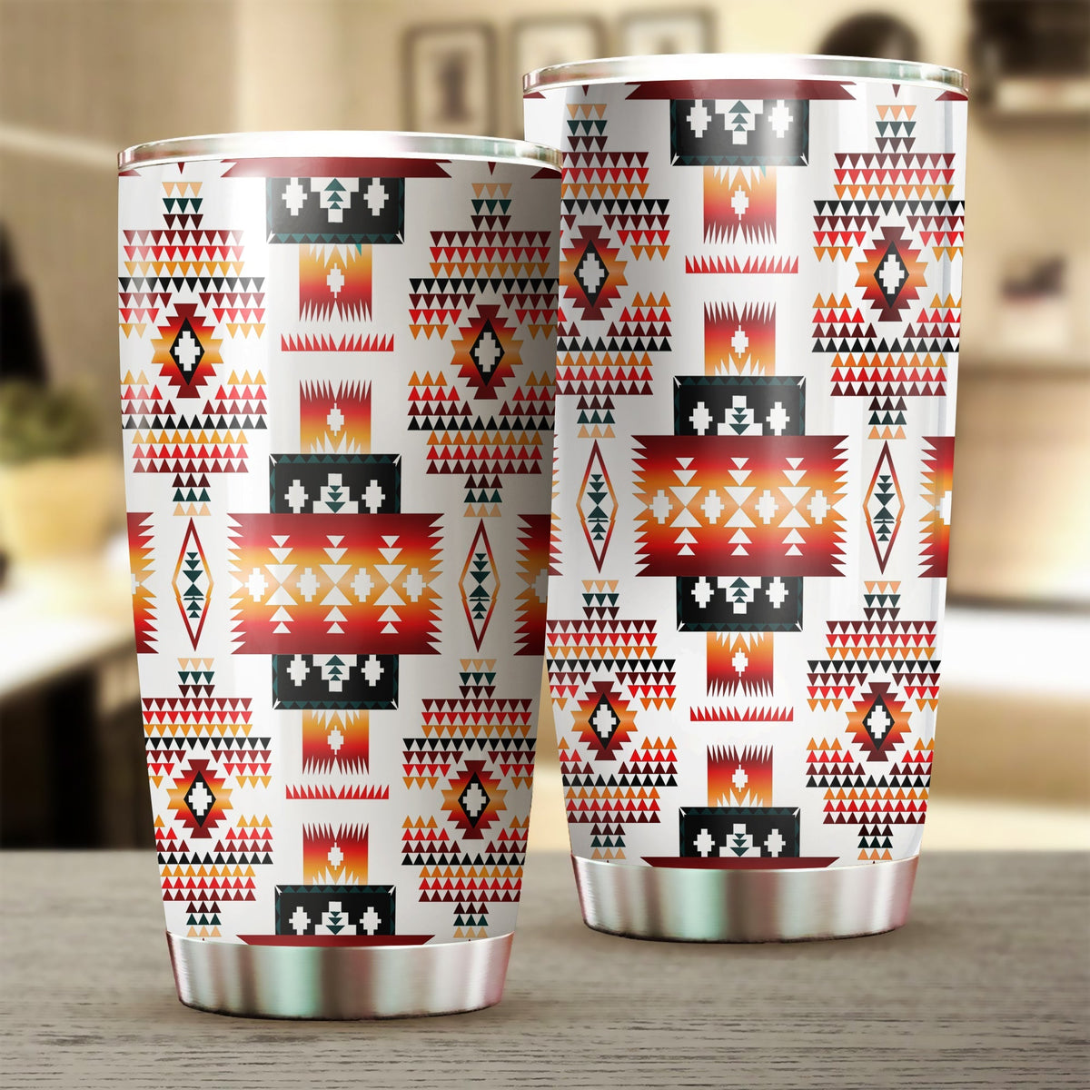 Pair of 20oz Native American geometric pattern tumblers, red/black/orange with white base