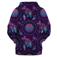 Multicolor all-over dreamcatcher feather pullover hoodie, hooded back view