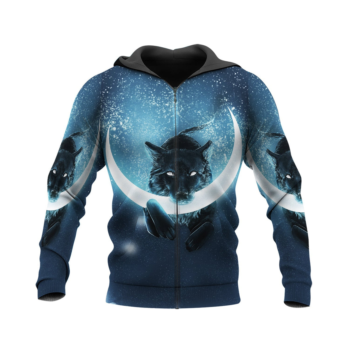 Zip-front hoodie with moon bull artwork across chest and sleeves