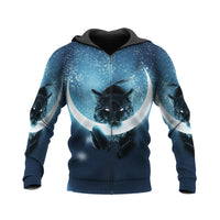 Zip-front hoodie with moon bull artwork across chest and sleeves