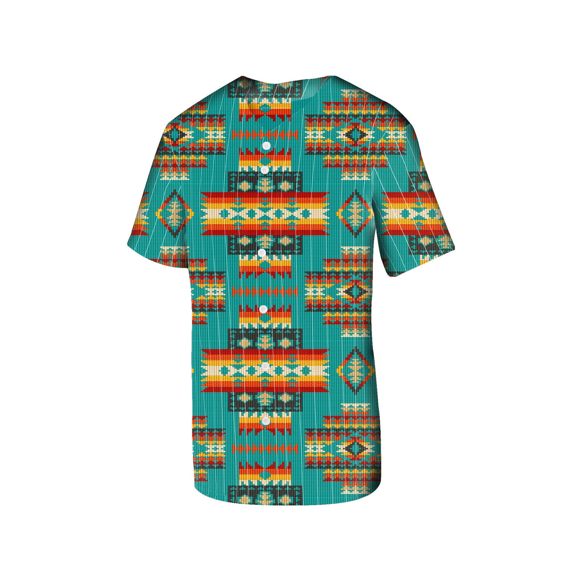 Blue teal baseball jersey with multicolor Native American pattern, short sleeves